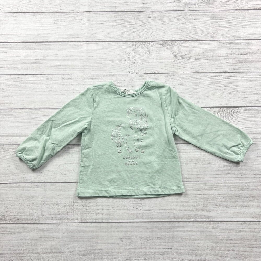 H&M Toddler Girl Long Sleeve Shirt Brave Mint Green Unicorn Graphic 3-4T